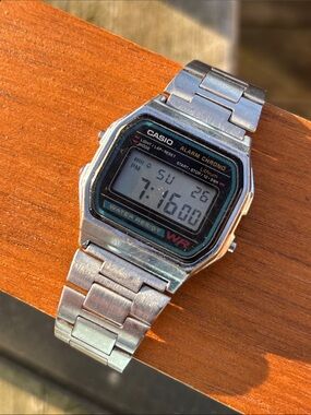 Vintage A158W Casio Silver Digital Alarm Chronograph Watch with Black Accents